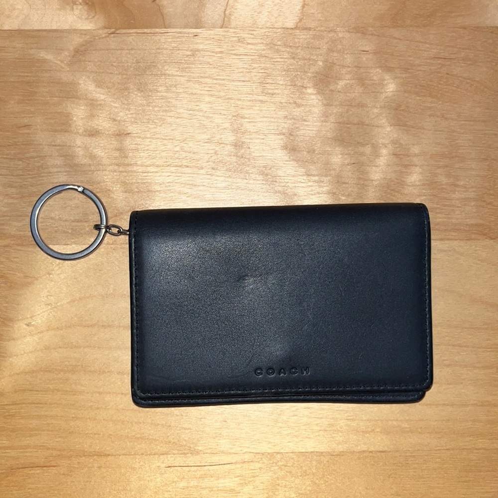 Coach black leather card case with key ring and zip pocket